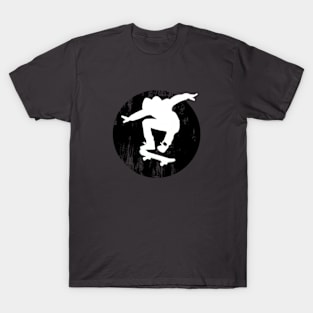 Grunge Urban Skateboarder Graffiti Style - White Silhouette with Black Background T-Shirt